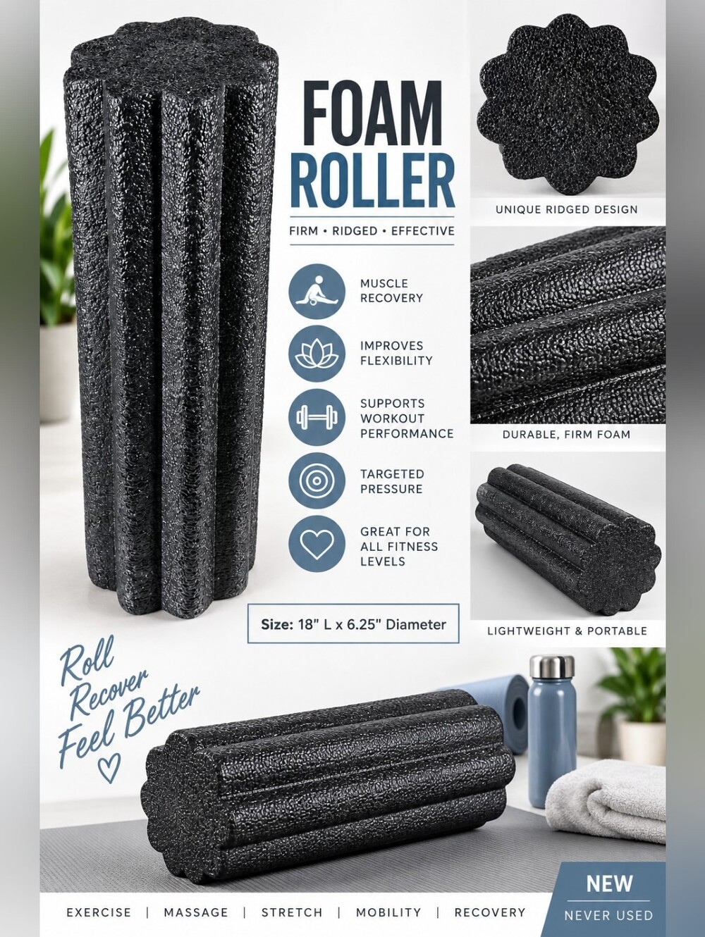 Firm Foam Roller Black Massage Exercise Muscle Recovery Fitness Roller NEW